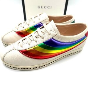 GUCCI Falacer White Rainbow Bee Accent Espadrille Logo Crystal Sneakers 7.5 /38